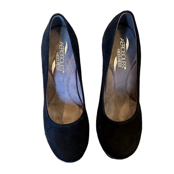 Aerosoles Heelrest Black Suede Round Toe Comfort Stacked 3" Heel sz 5.5 NWOT - Picture 2 of 13
